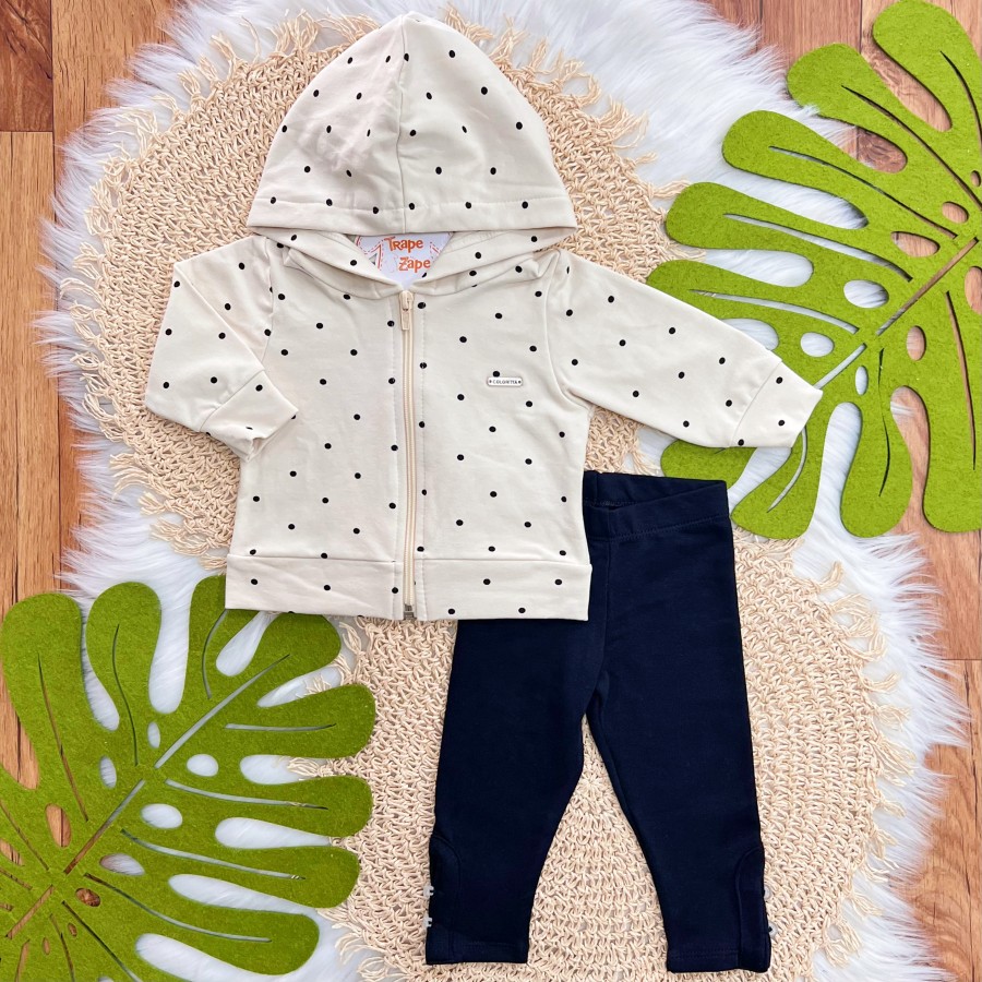 Conj. Jaqueta de Moletom Poá e Calça Legging - Creme e Preto